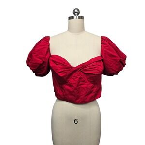Abercrombie & Fitch Red Smocked Puff Sleeve Twist Front Cropped Top Womens Large
